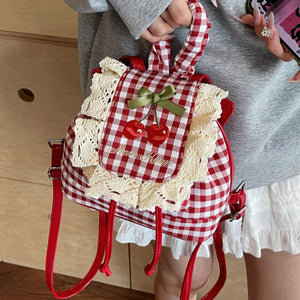 Cherry Embroidery Gingham Backpack