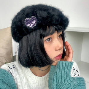 Cotton Candy Fluffy Beret with Heart Patch