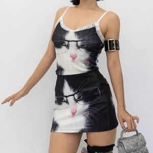 Glasses Cat Print Micro Skirt