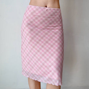 Soft Girl Plaid Mesh Midi Skirt
