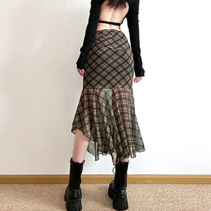 Plaid Asymmetrical Mesh Skirt