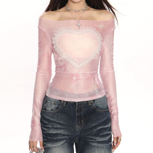 Y2K Ruffled Heart Long Sleeve Top