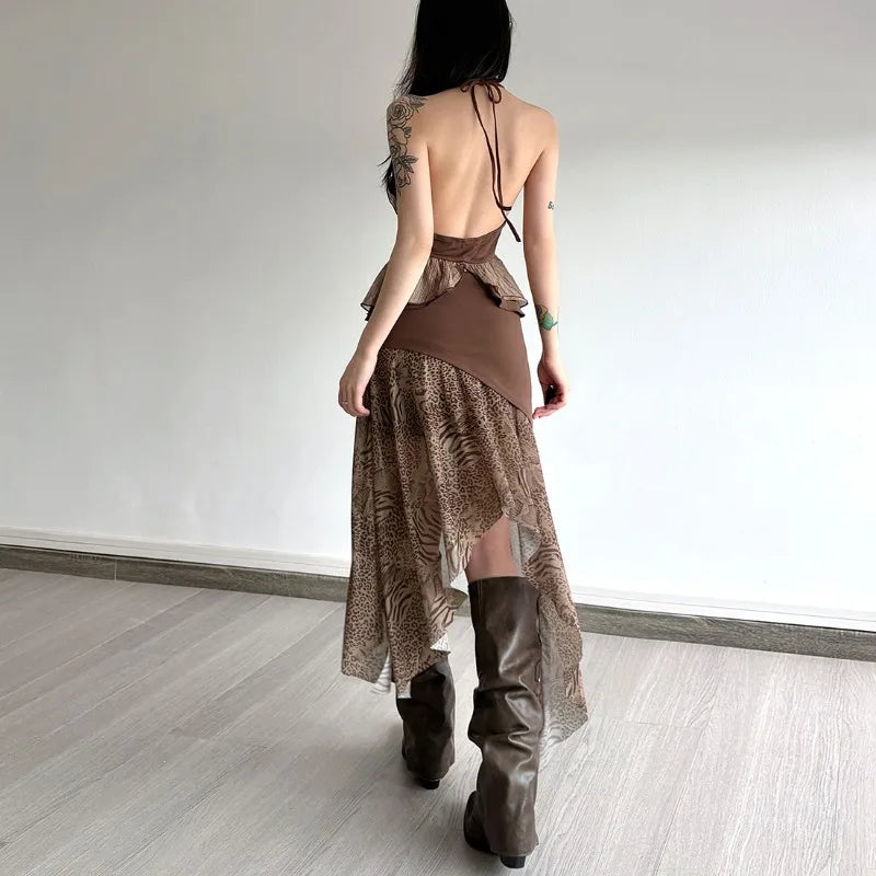 Boho Asymmetric Top & Leopard Midi Skirt Two Piece Set