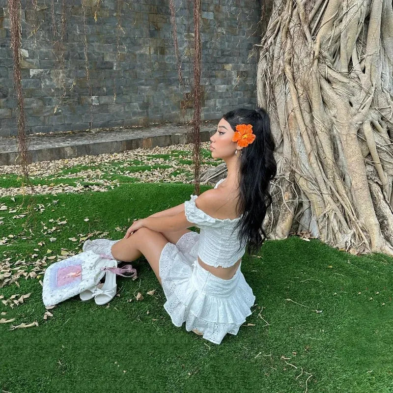 Coquette Broderie Anglaise Top & Mini Skirt Two Piece Set