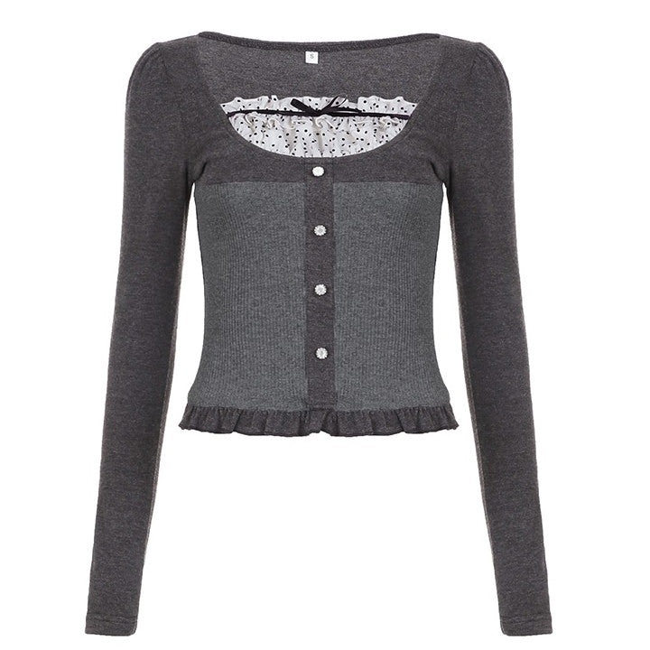 Coquette Aesthetic Grey Long Sleeve Top