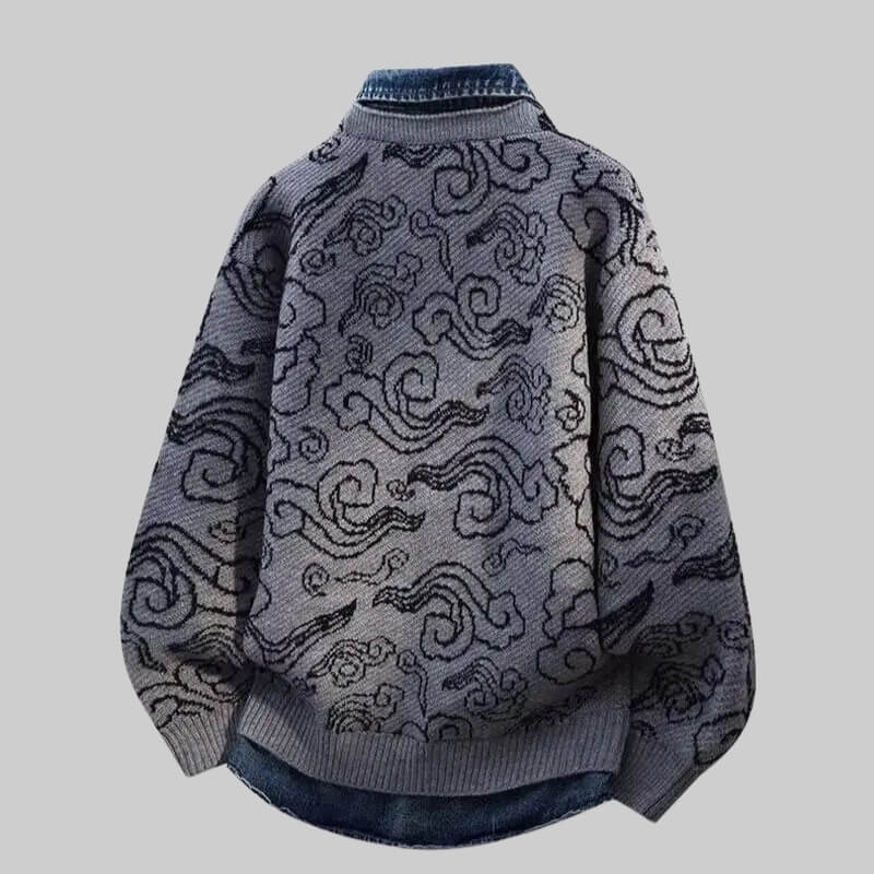 Denim-Collar Knit Cardigan