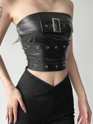 Grunge Belted Faux Leather Tube Top