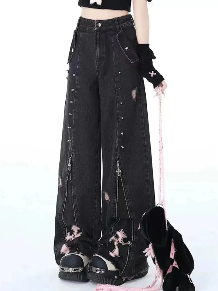Grunge Cross Zip-Up Jeans