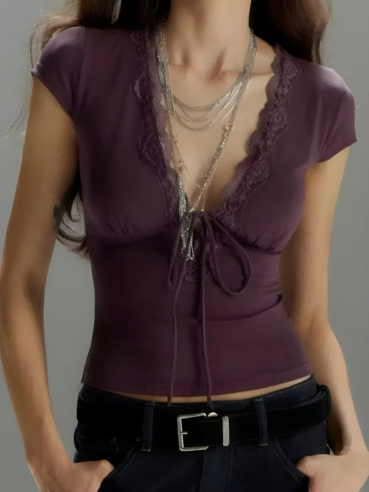 Lace Trim Tie Front Top