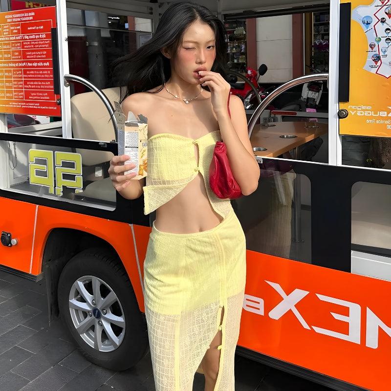 Lemon Strapless Top & Midi Skirt Two Piece Set