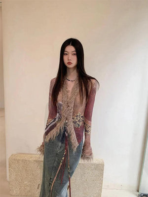 Vintage Faux Fur Detailed Lace Up Top