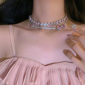 Y2K Pink Heart Rhinestone Necklace