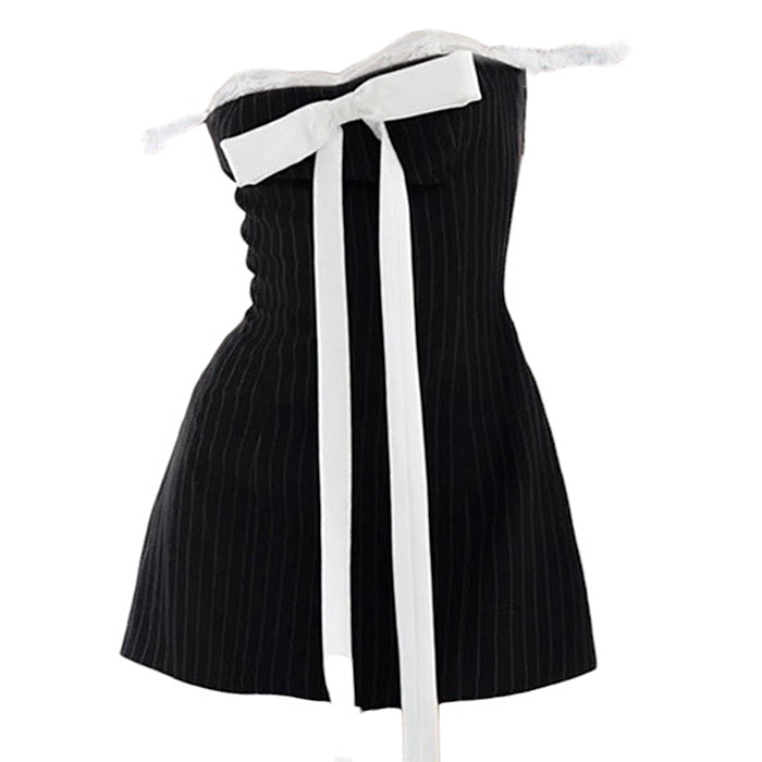Bow Lace Striped Mini Dress