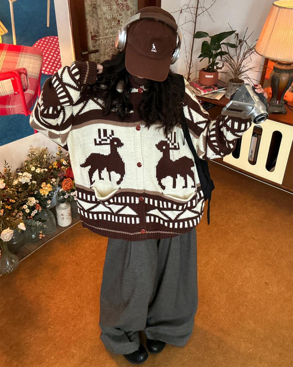 Brown Reindeer Knit Hooded Cardigan