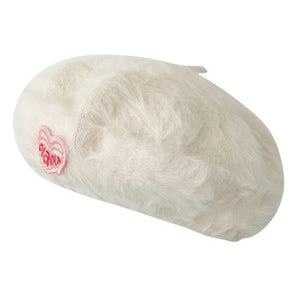 Cotton Candy Fluffy Beret with Heart Patch