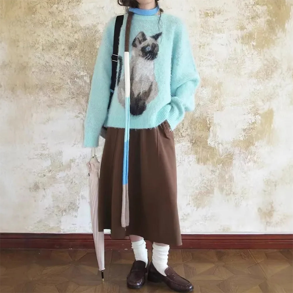 Fluffy Siamese Cat Print Jumper