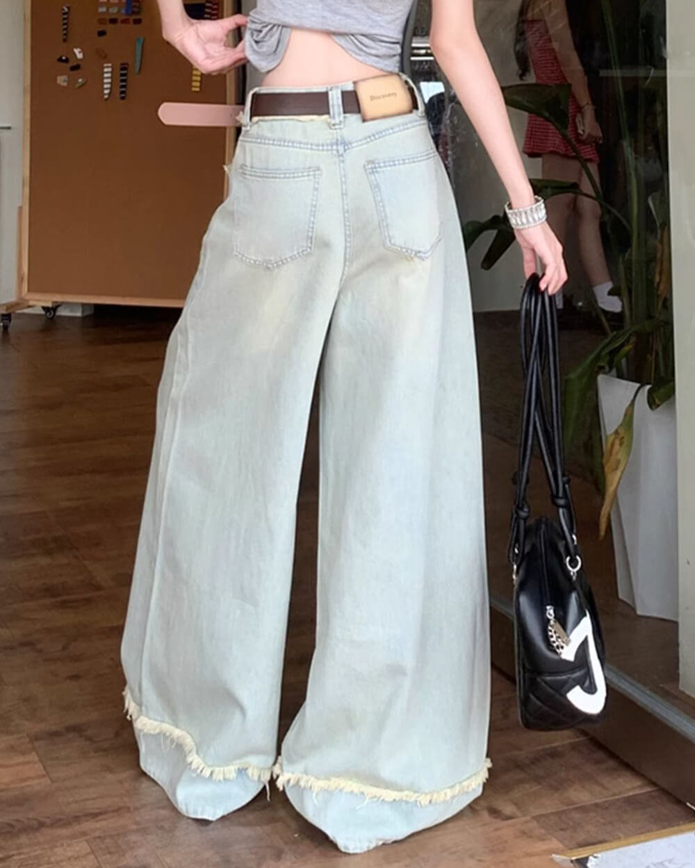 Light Blue Frayed Wide-Leg Jeans
