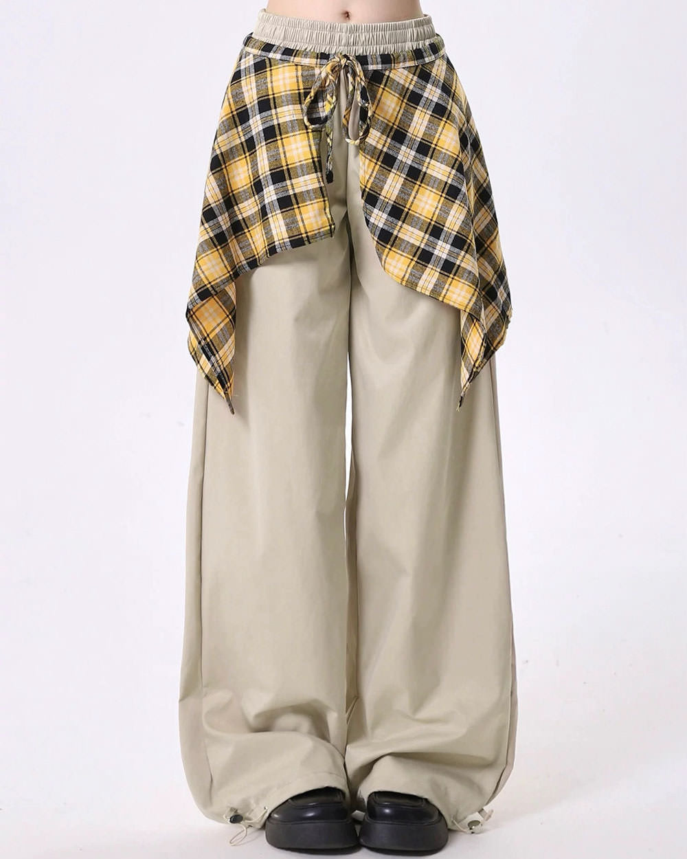 Plaid Shirt-Tied Baggy Trousers