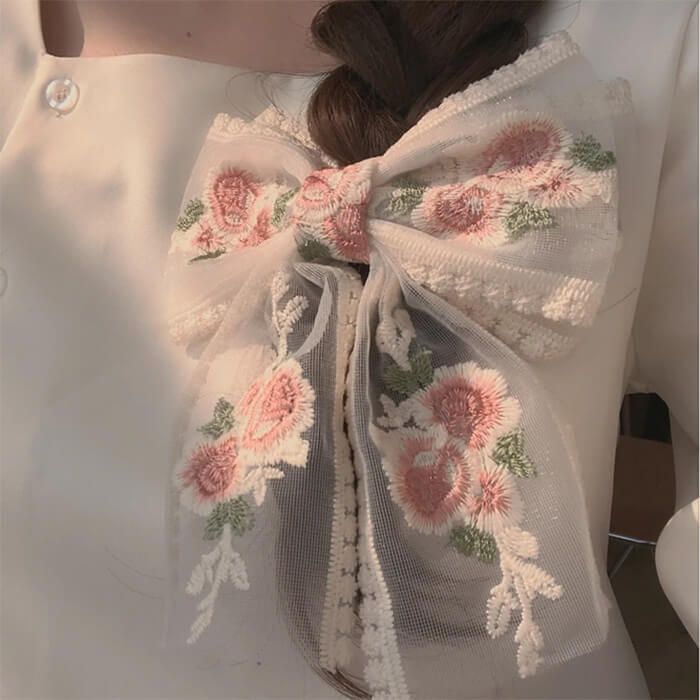 Rose Embroidery Lace Hair Bow