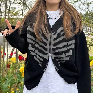 Skeleton Print Zip Up Sweater