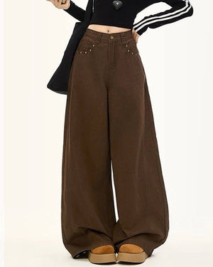 Star Pocket Wide-Leg Brown Pants