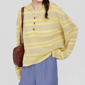 Yellow Striped Heart Buttons Hoodie